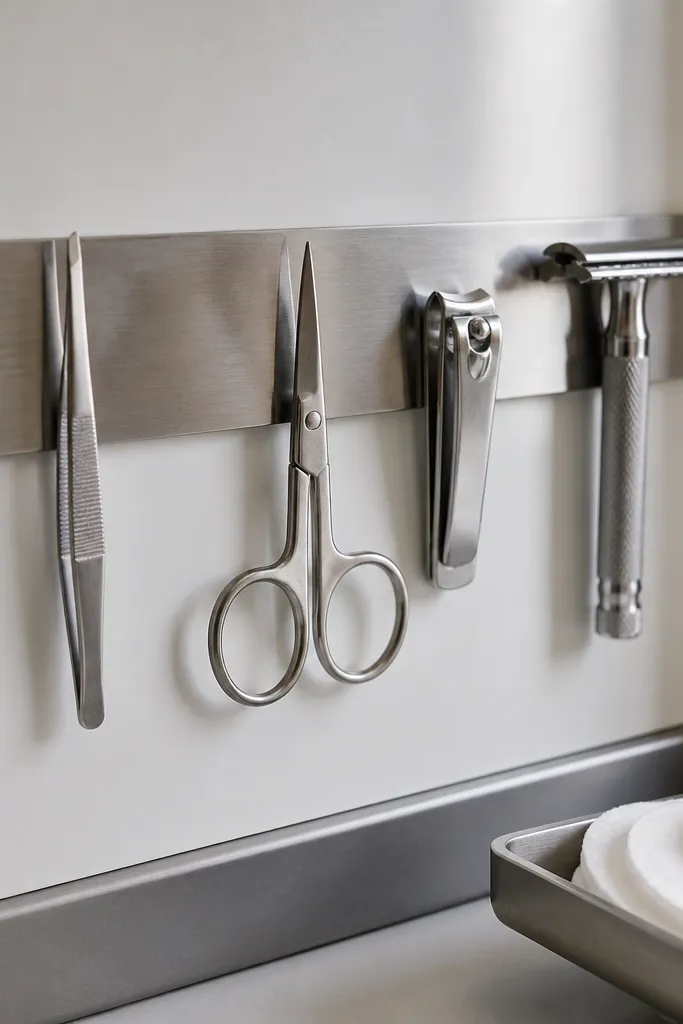 Magnetic strip holding tweezers, scissors, and small tools