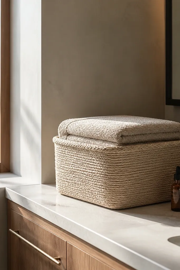 Woven towel basket with one neatly folded stack on top