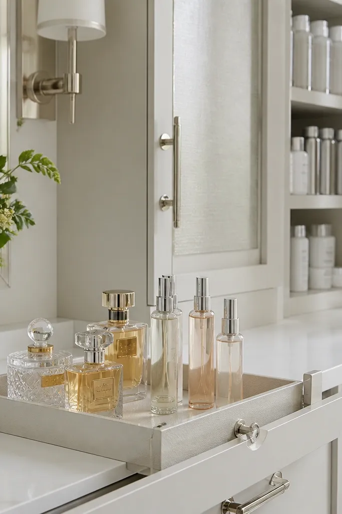 Small tray with perfume and a single labeled jar, rest hidden below