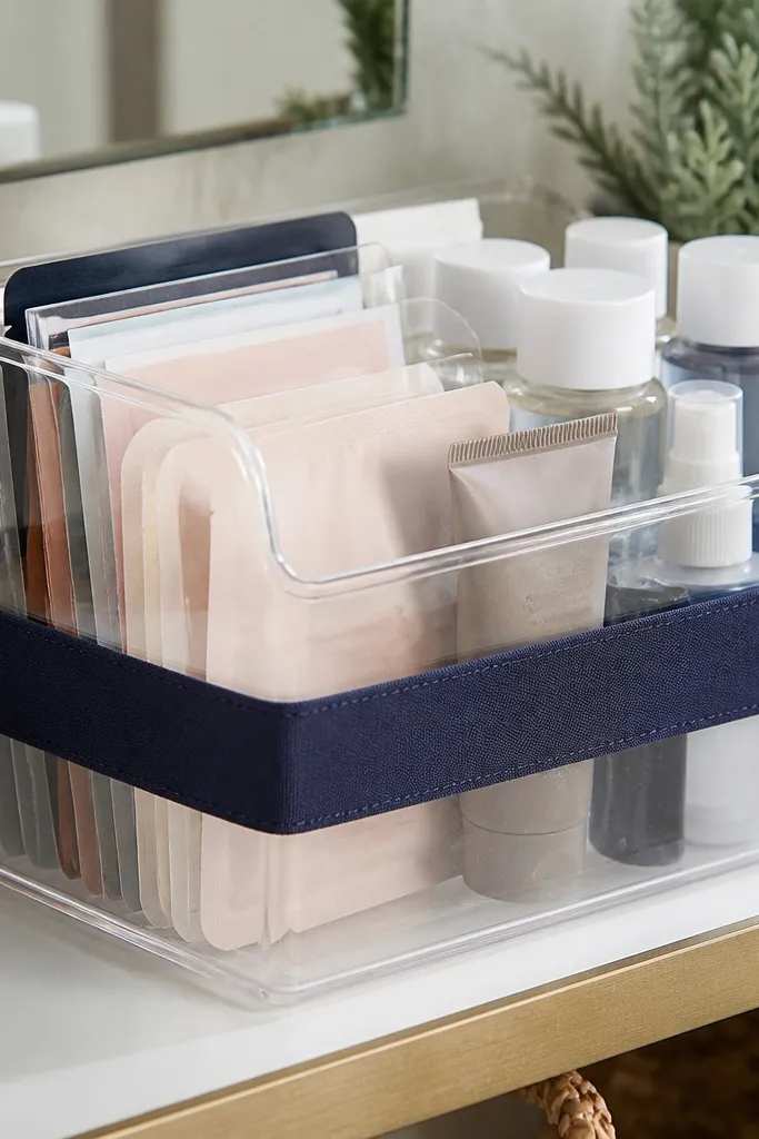 Transparent bin with fabric label strip holding vanity backups