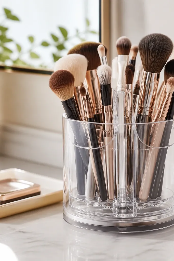 Small rotating organizer holding makeup brushes and tools
