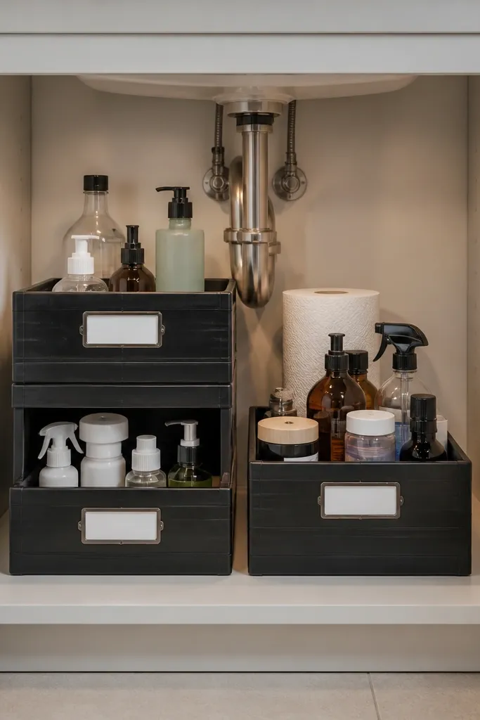 Under-sink area with labeled crates stacked in rows