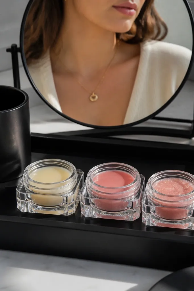 Matte black tray with clear jars for lip balms and small items