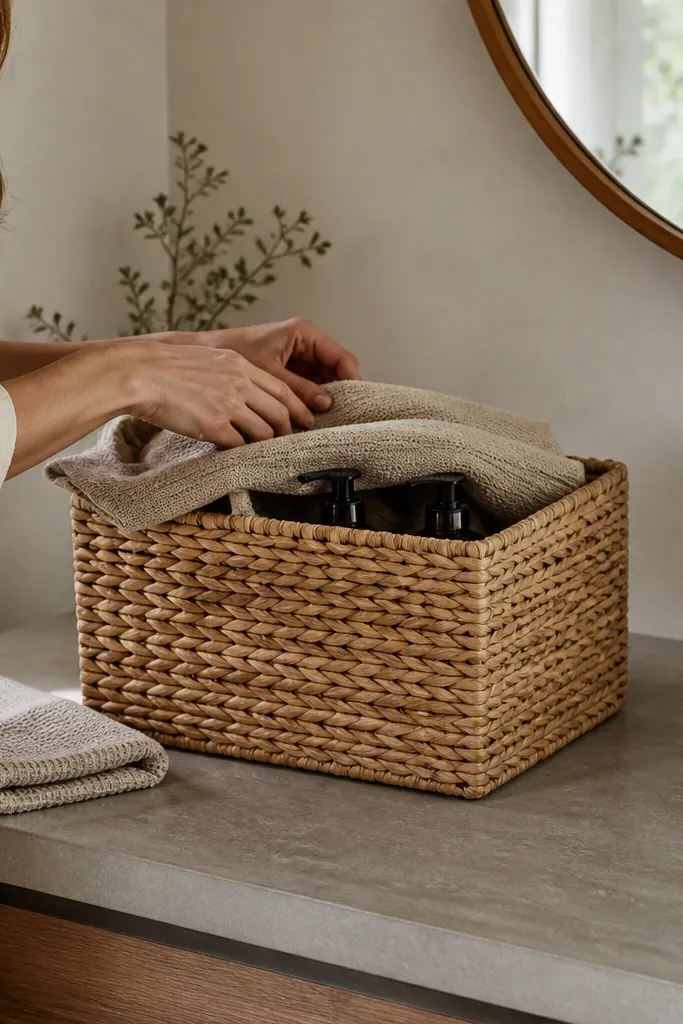 Neutral textured basket with labeled refills hidden behind a folded towel