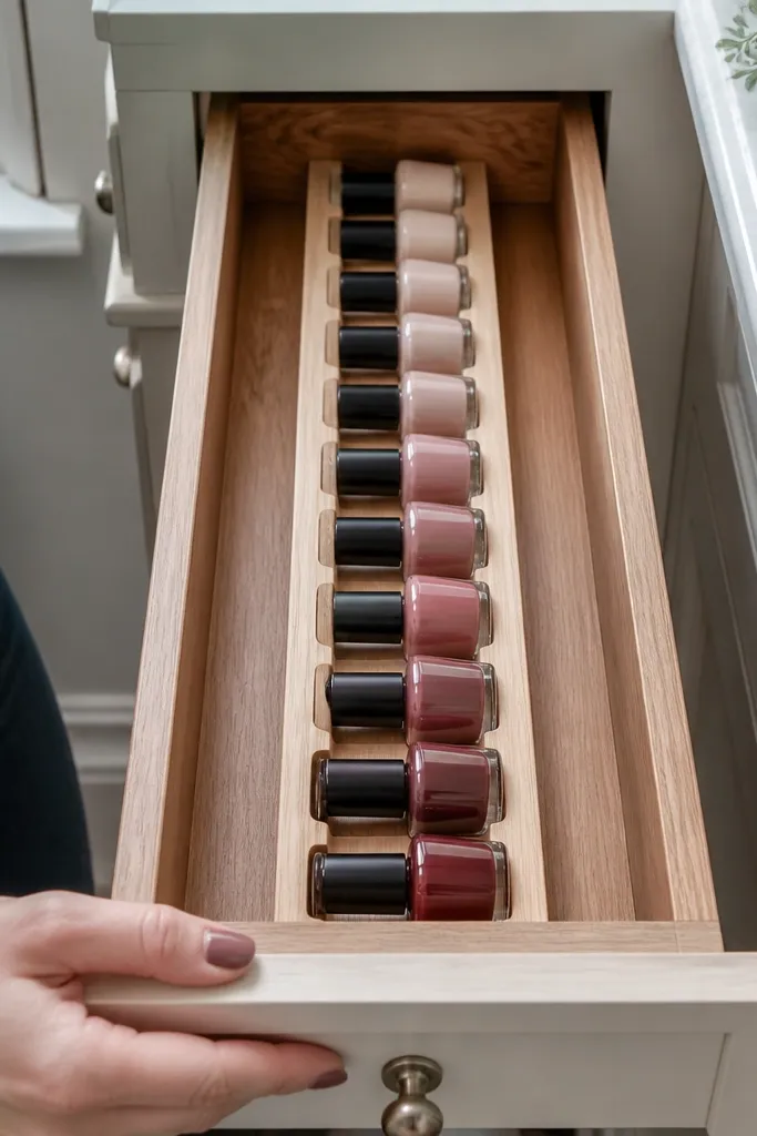 Drawer insert holding nail polish upright in labeled slots
