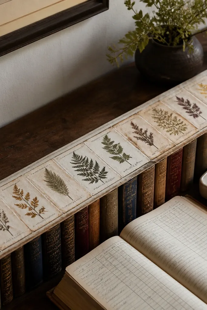 Vintage-style plant labels in a long strip with brown ink and small borders