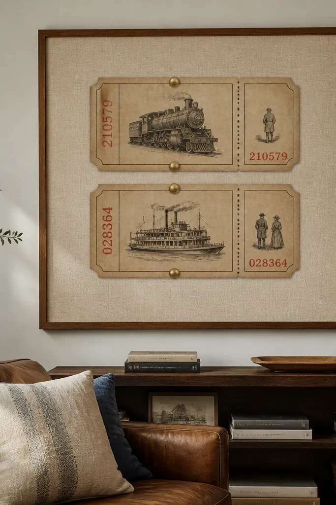 Two ticket stub designs with ornate borders and faded numbers in brown tones