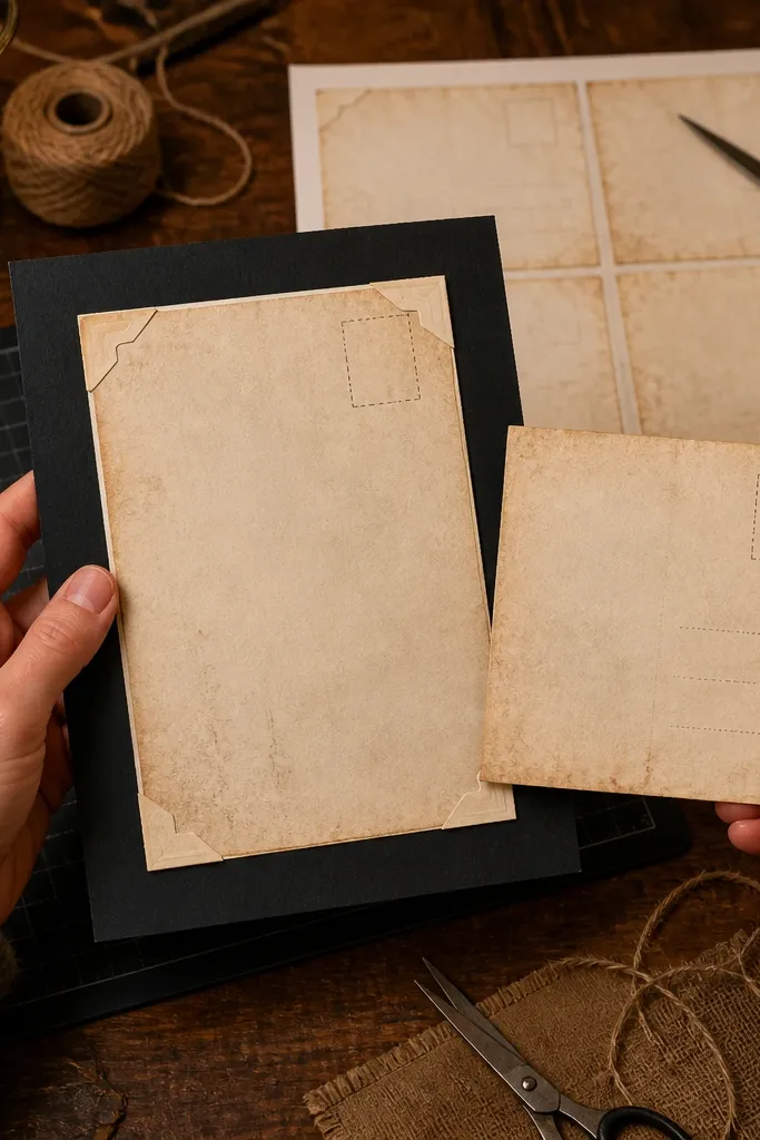 A postcard design with faded stamp and decorative corner accents