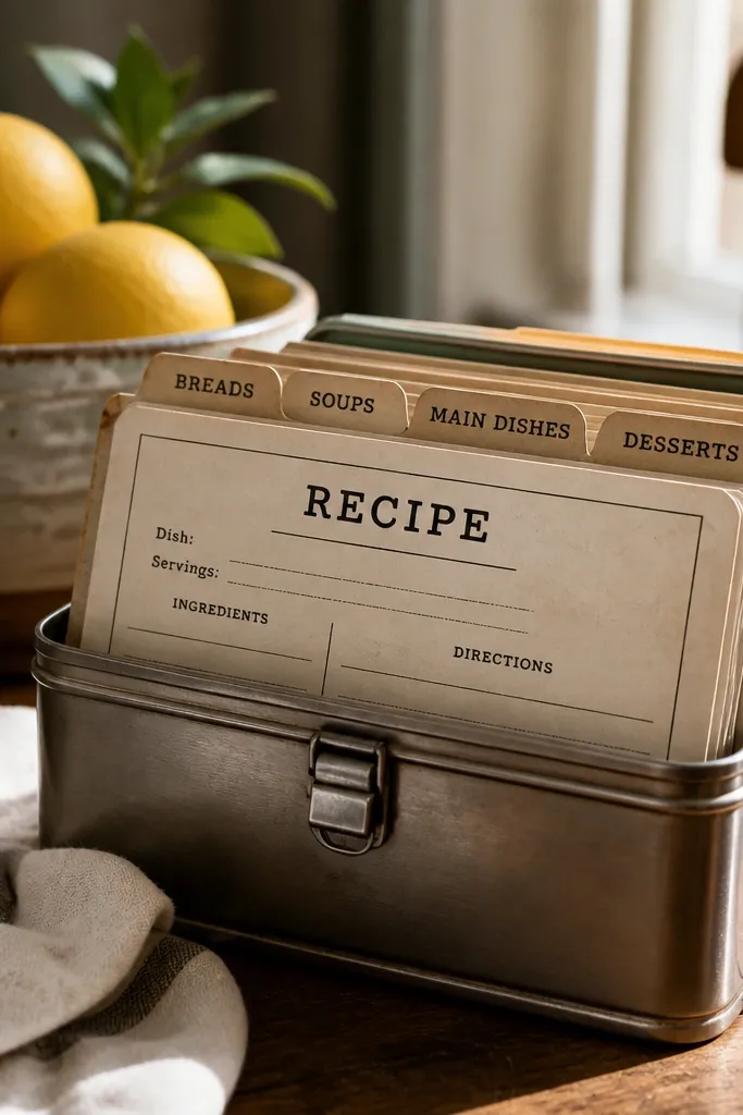 Recipe cards with typed ingredients lists and decorative borders