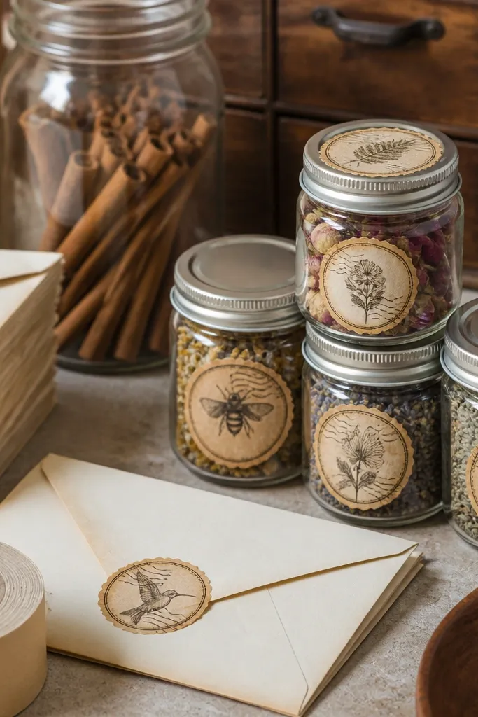 Round and oval seal labels with vintage script and stamps