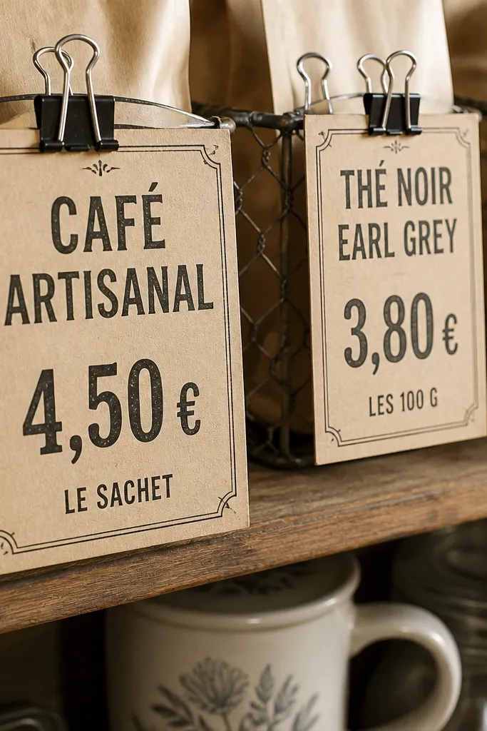 Old-style market price tags with French-looking typography and numbers