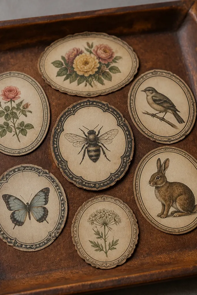 Round medallion labels with faded illustration and border rings