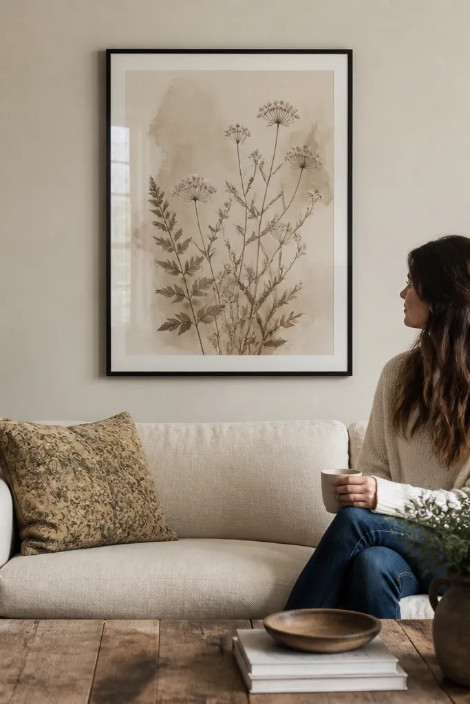 Sepia botanical illustrations over a cloudy wash background