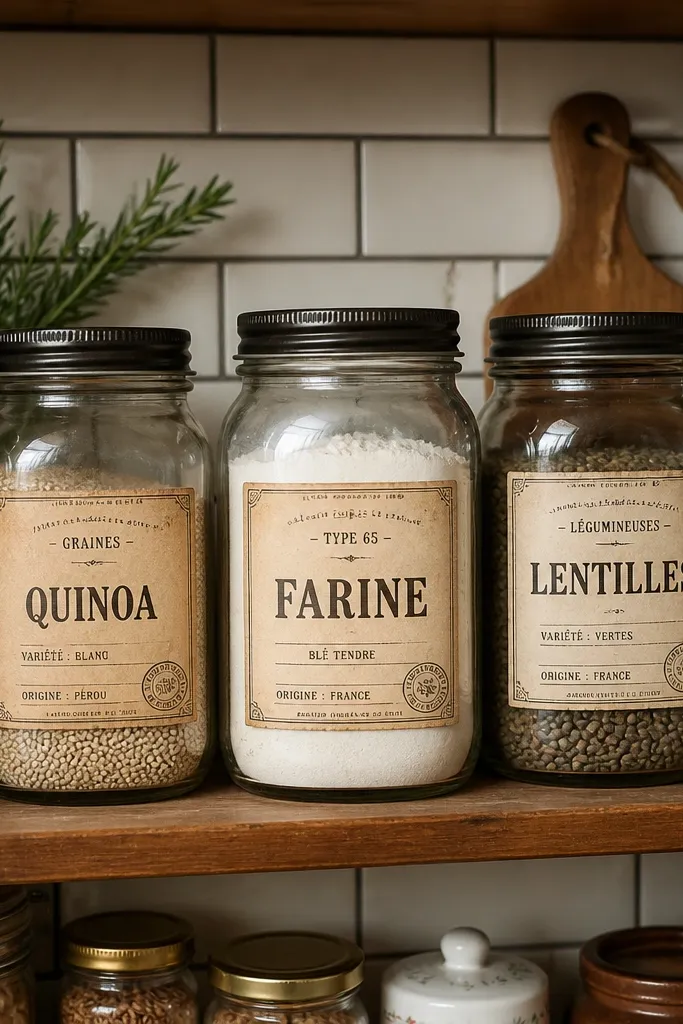 French-style pantry labels with muted brown text and decorative stamps