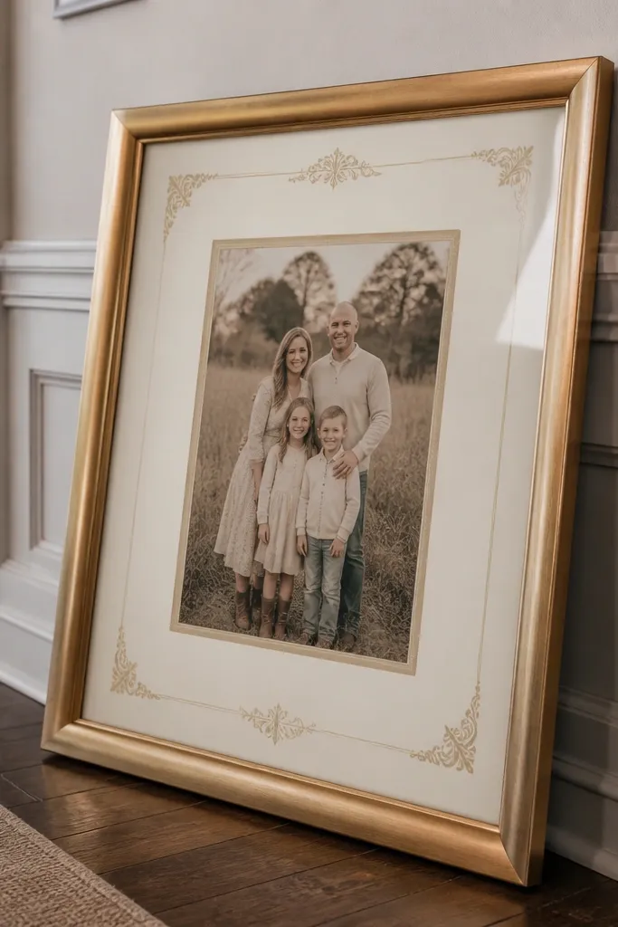 Mat-style layout with a vintage frame border and text placeholder area