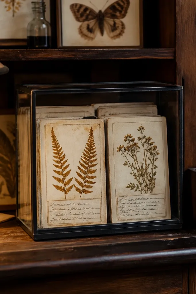 Card designs with botanical press notes and aged paper textures