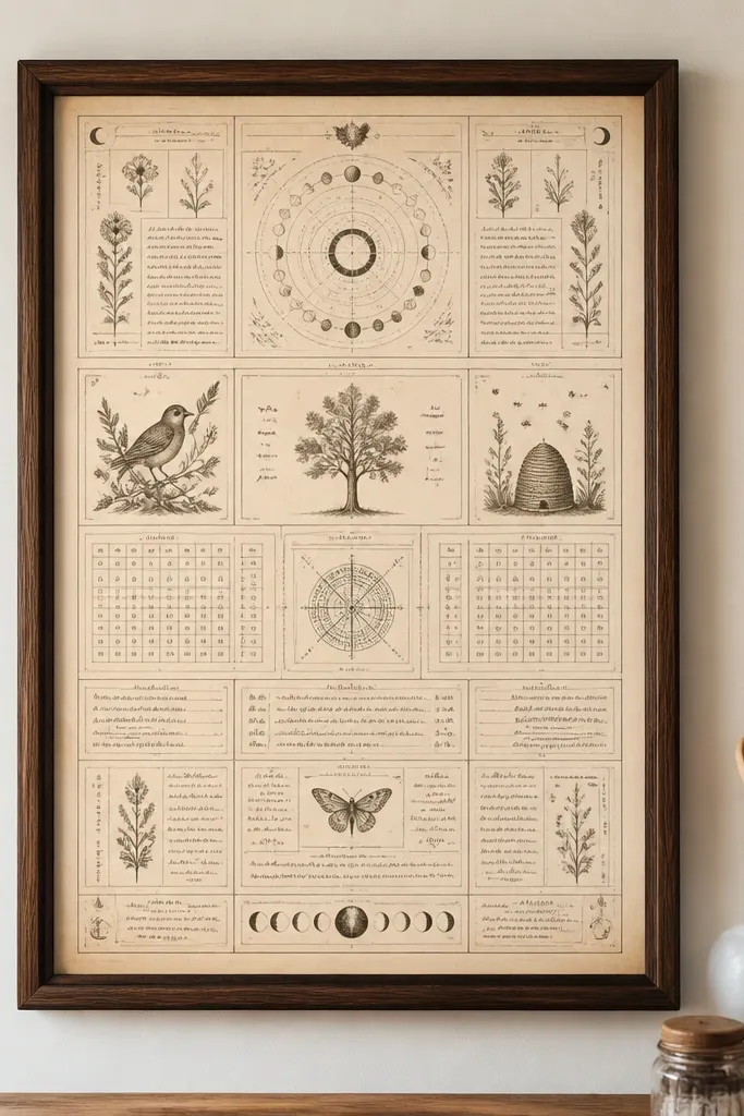 Almanac-style page with headings, section lines, and faded ink blocks