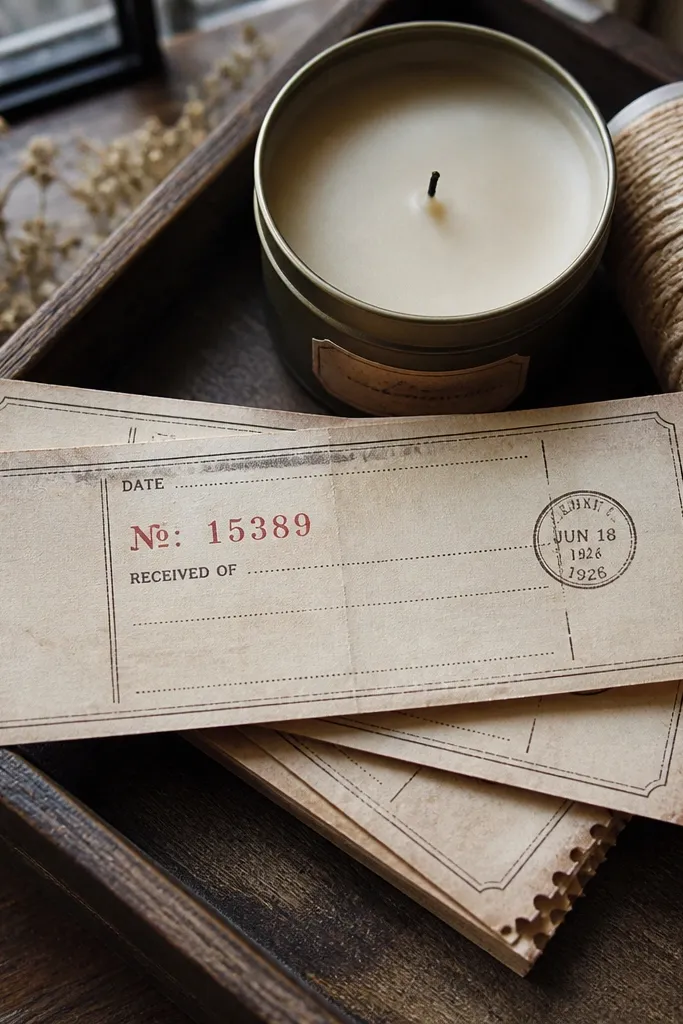 Receipt strip with numbers, date lines, and a faded stamp stamp mark
