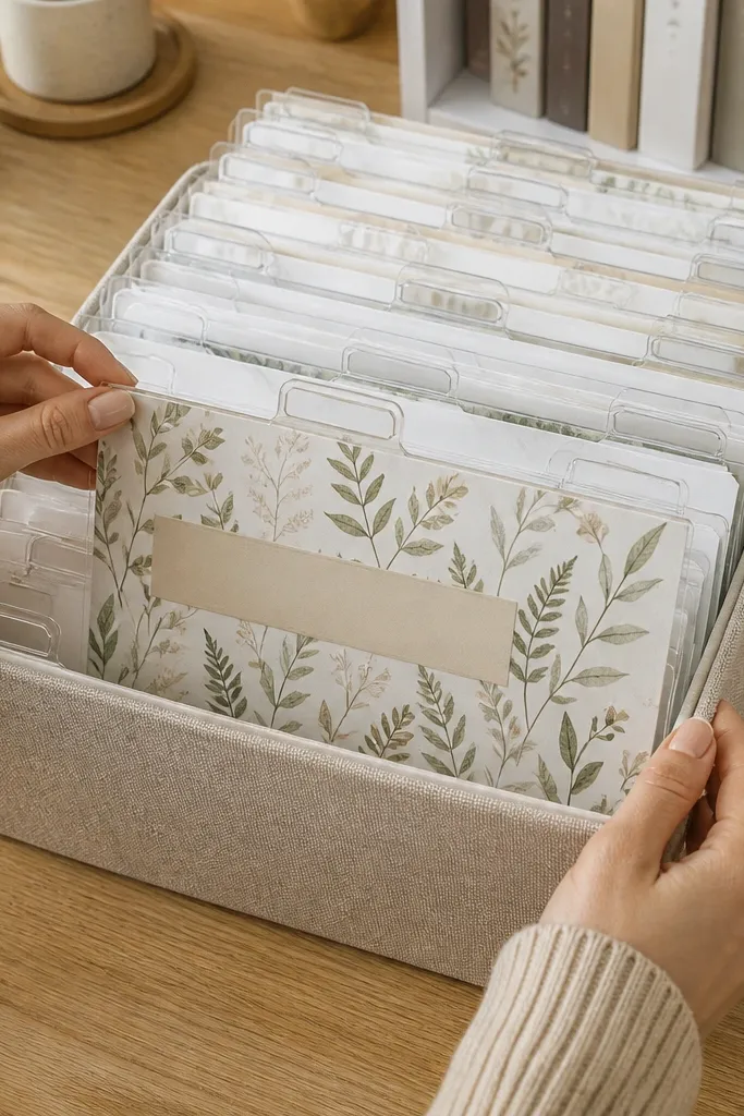 Chapter divider cards with botanical prints and decorative lines