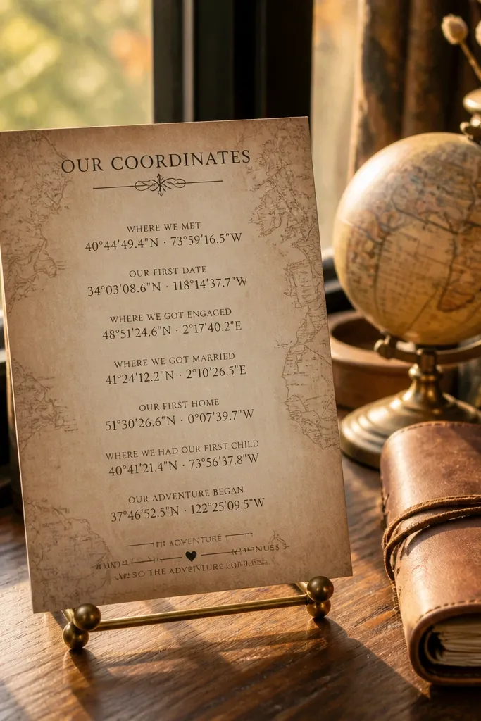 Small cards with map coordinates, latitude/longitude lines, and aged paper texture