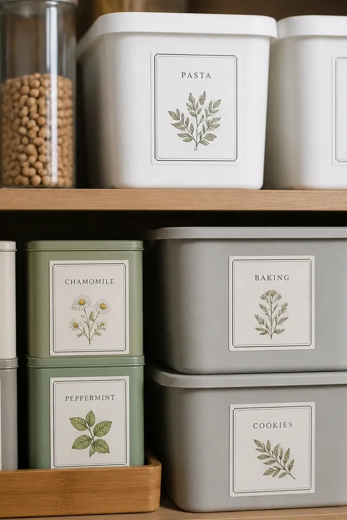 Multiple shelf labels with botanical drawings and neat borders