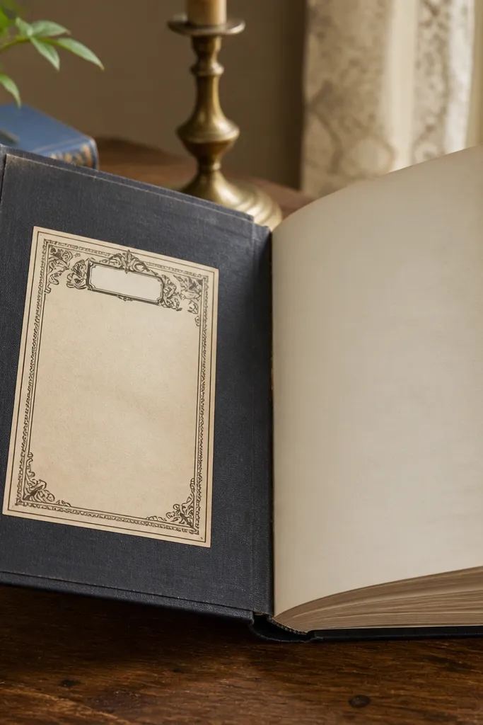 Bookplate design with ornate border and a title bar area