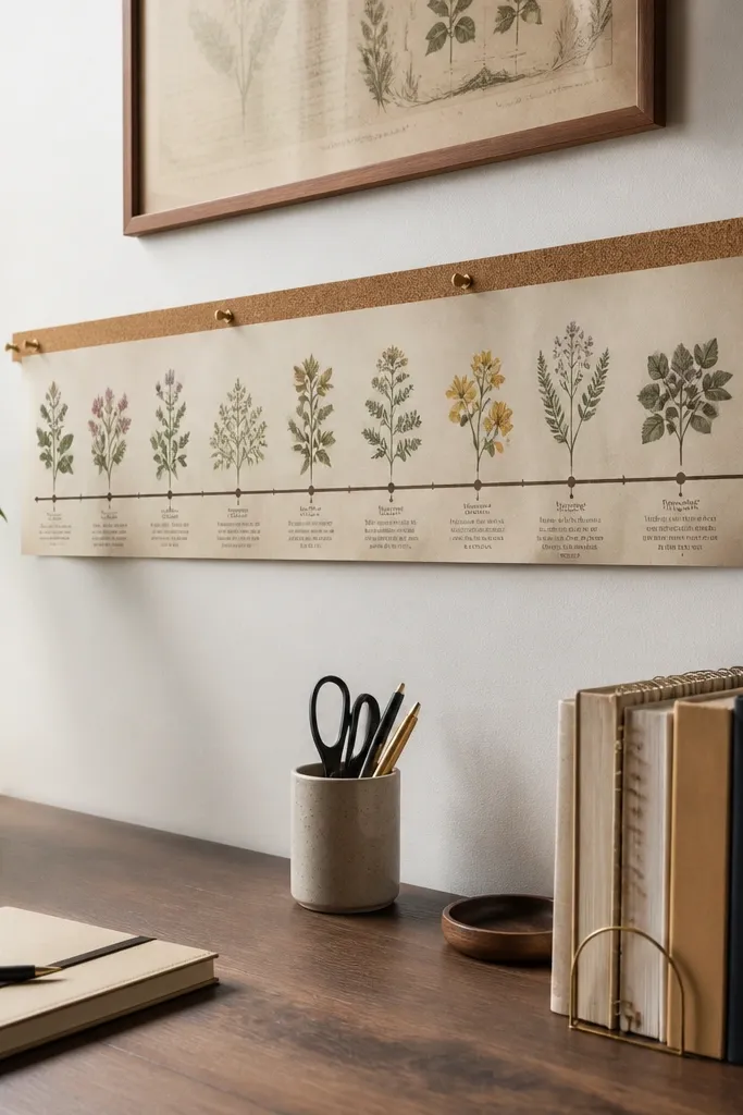A horizontal timeline strip with small botanical icons and dates