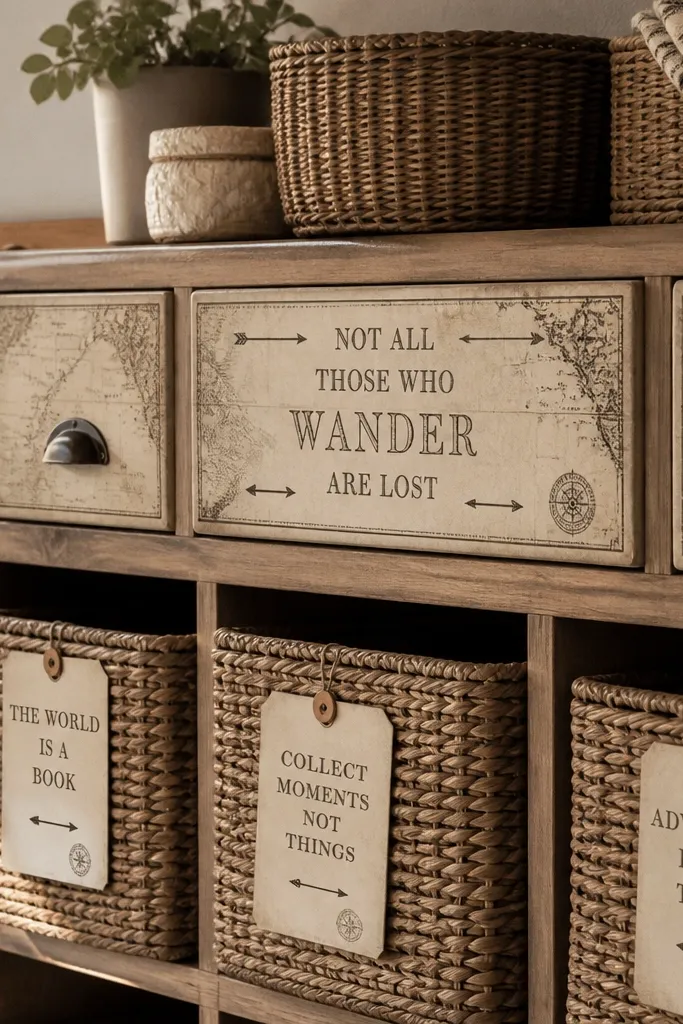 Map-themed phrase labels with muted compass and directional arrows