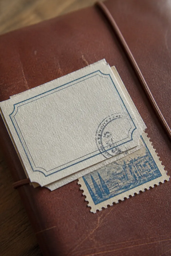 Three overlapping cream postage-style stamps with faded blue cancellations