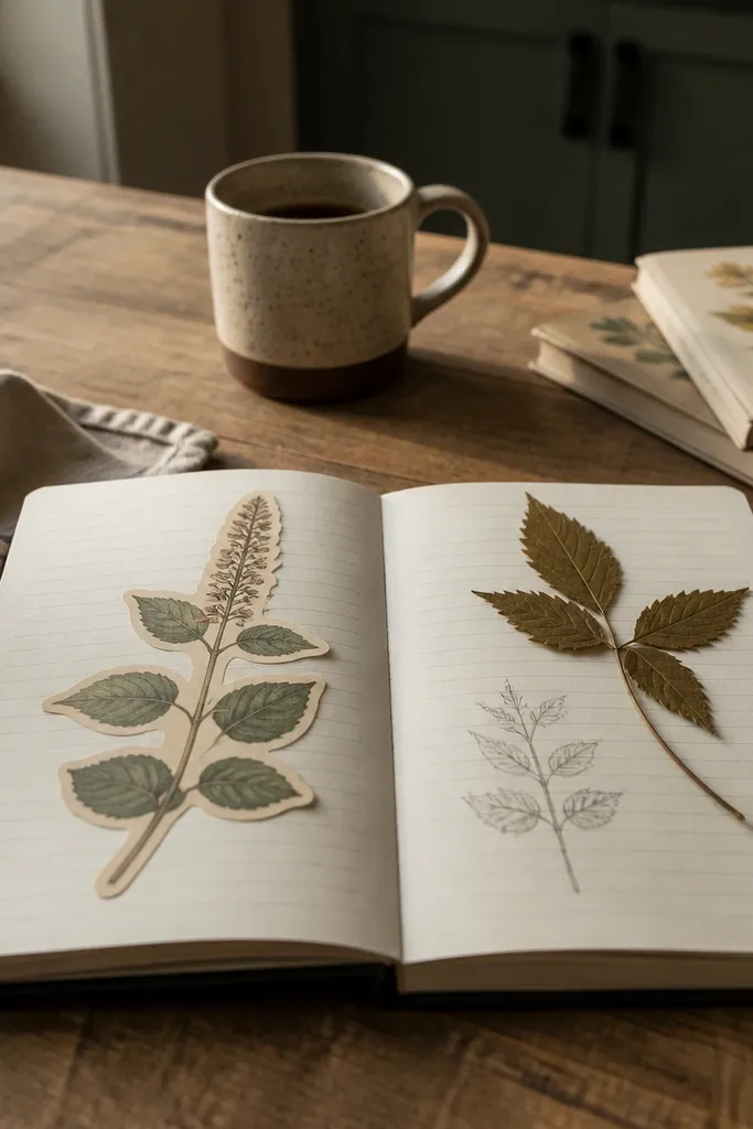 Cream label with a faded pressed leaf sketch and handwritten notes