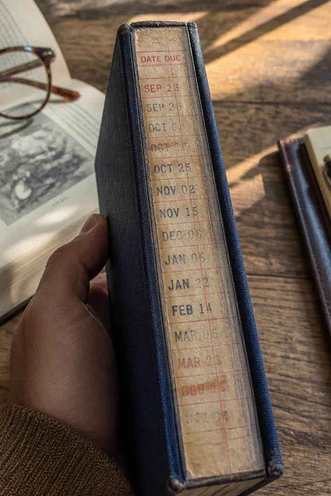 Narrow cream strip with due date text and a faded library stamp