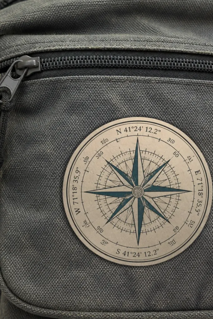 Round badge with a compass rose and faint coastline lines in muted ink