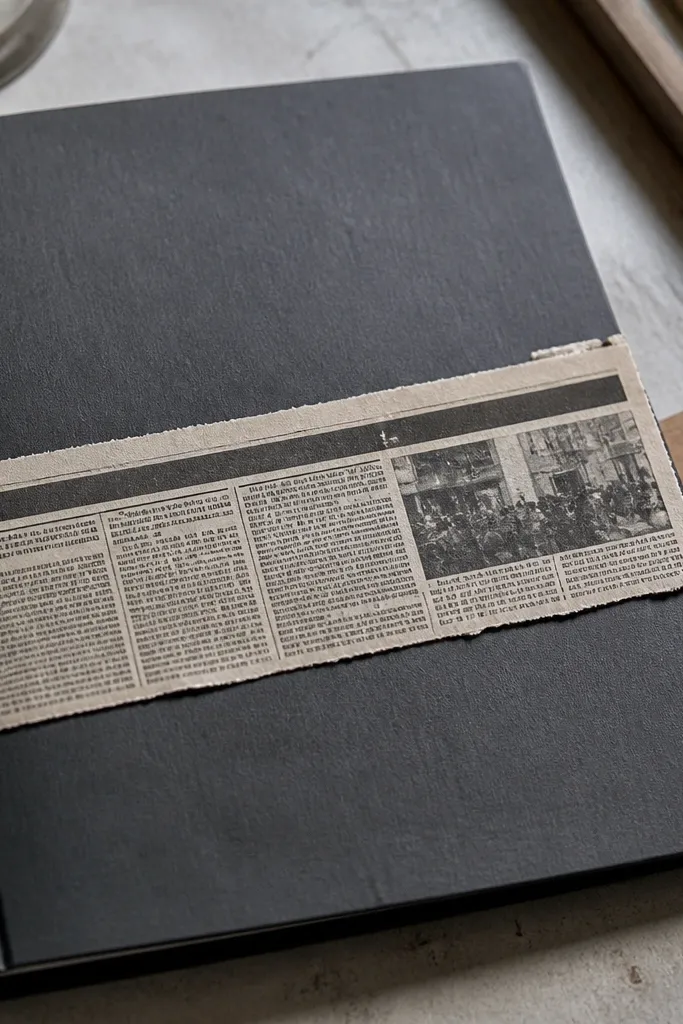 Cream and gray torn strip with faux headline text and tiny type blocks