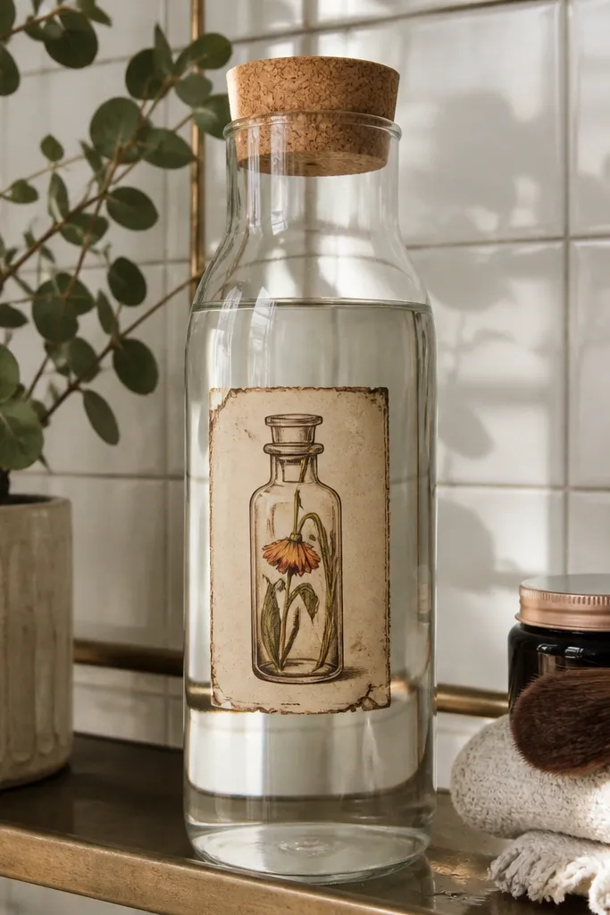 Label with a small glass vial icon and brown handwritten-style text
