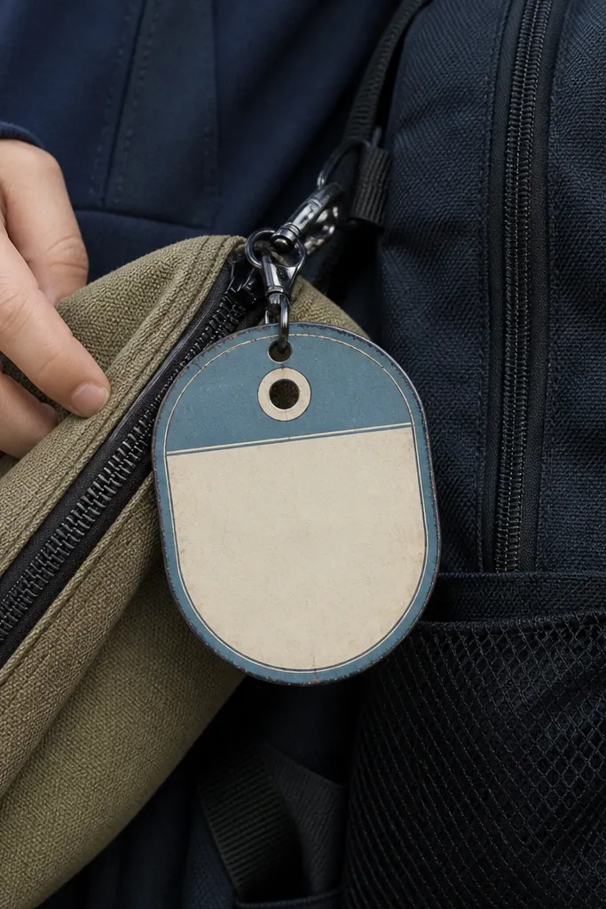 Oval luggage tag frame with muted blue border and blank info lines