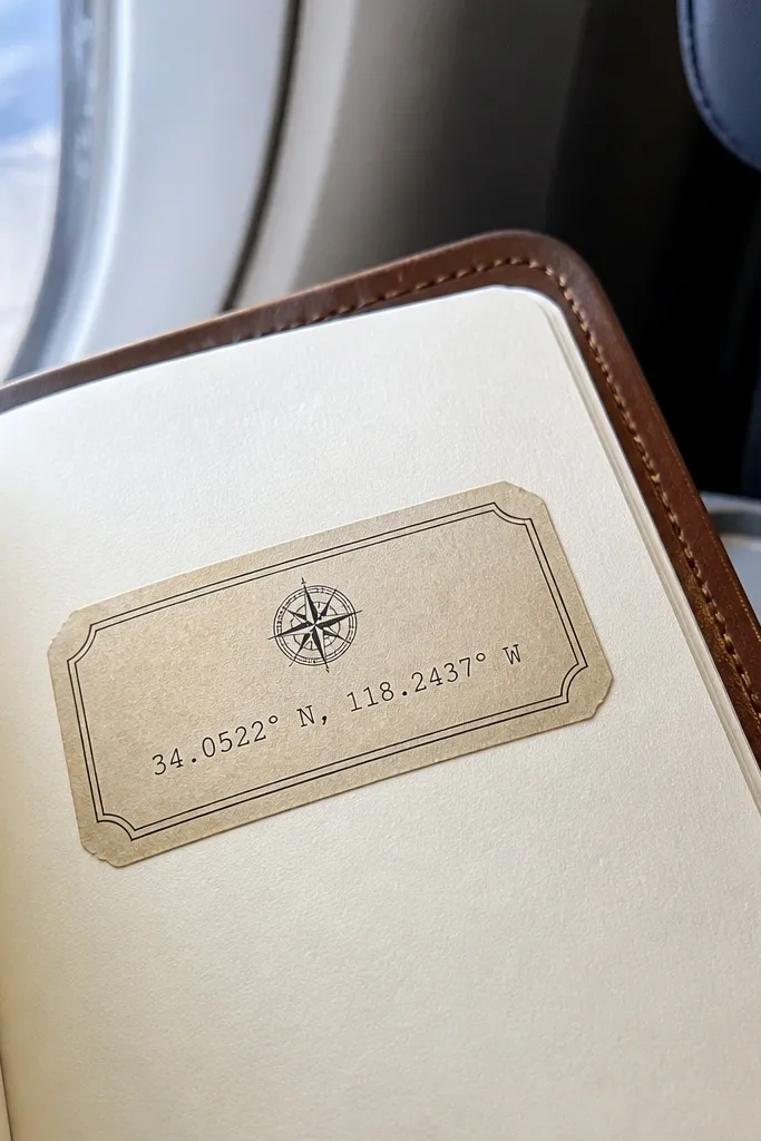 Travel label with coordinates and a compass icon in faded ink