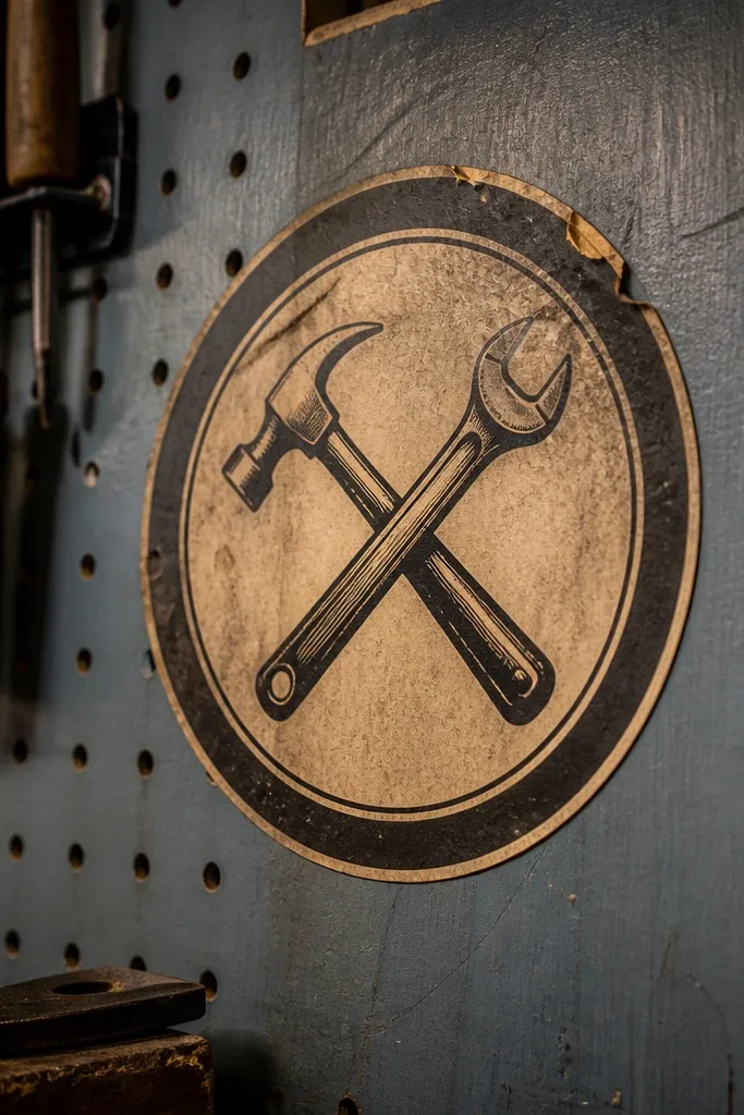 Circular badge with crossed tools and a faded workshop label