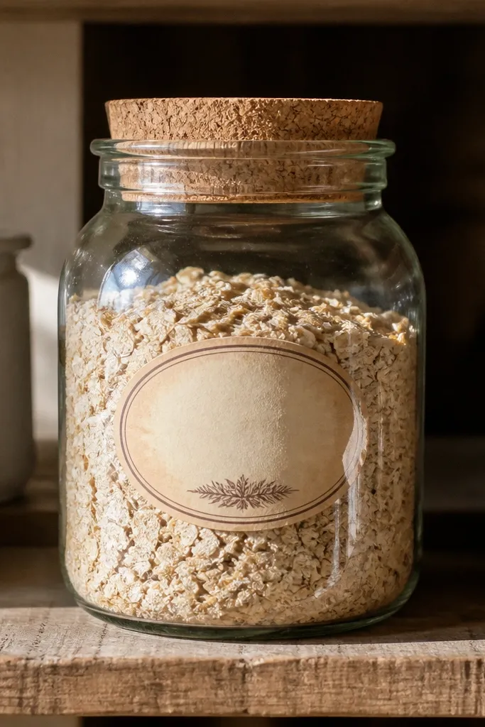 Oval pantry tag with ingredient name and muted ink stamp marks