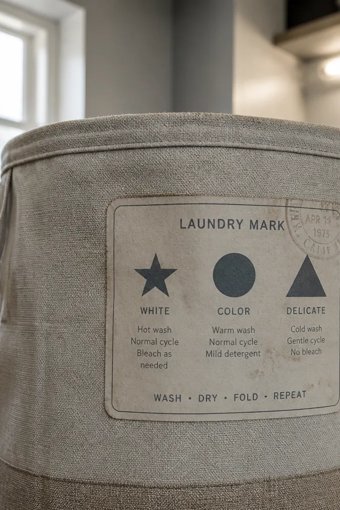Cream laundry label with faded symbol and small care-style text
