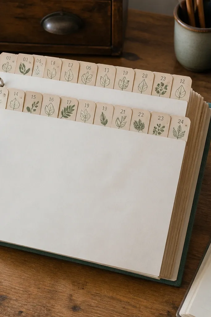 Set of small index tab stickers with muted green icons and numbers