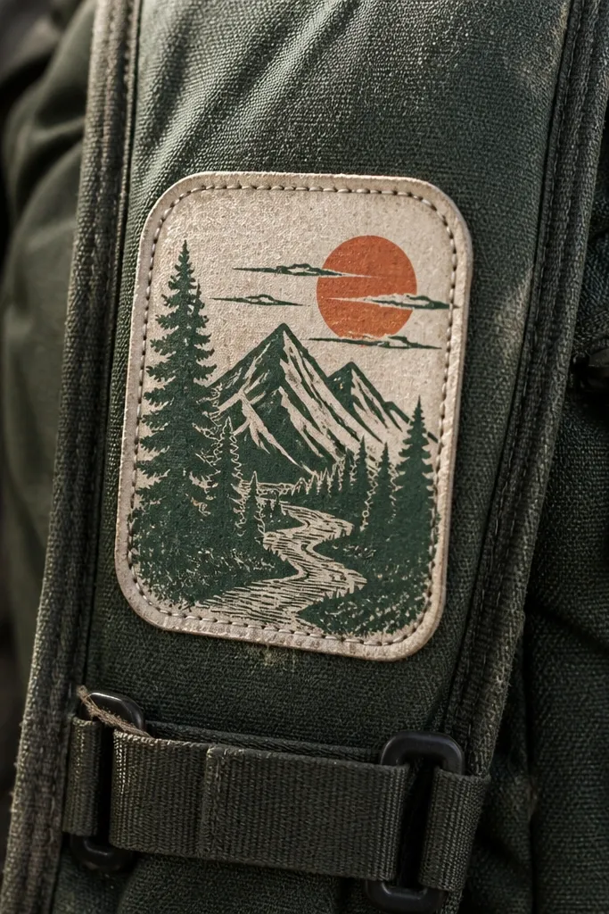 Patch-style sticker with stitched border effect and muted stamp graphics
