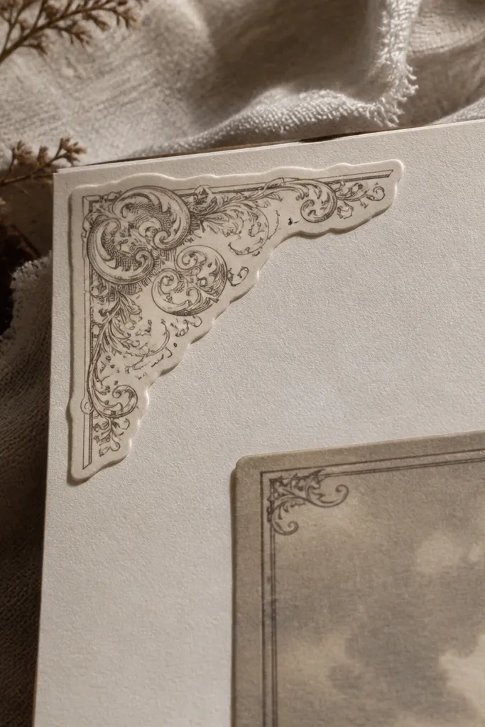 Four ornate corner labels with faux engraving lines
