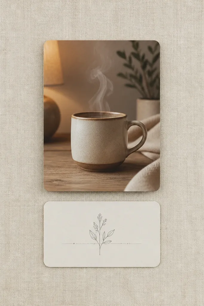 Cream linen background with a small candle, warm tea mug, and centered quote card