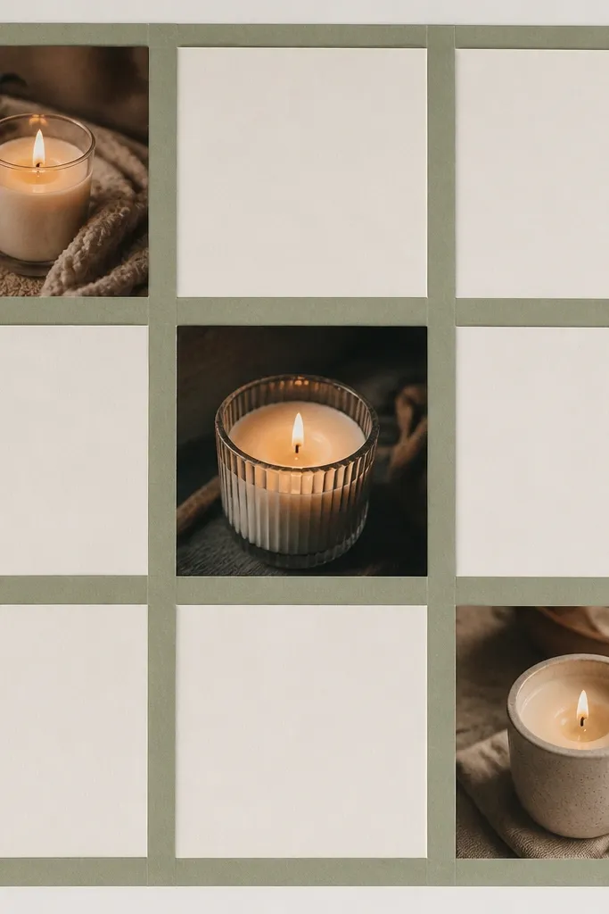 Sage green grid with three small candle photos and lots of blank space
