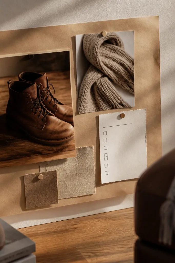 Brown boots on a neutral floor with a scarf and a soft-focus journal page
