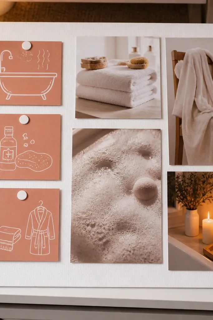 Terracotta cards with bath items like bubbles, towel, and a candle on a clean white base