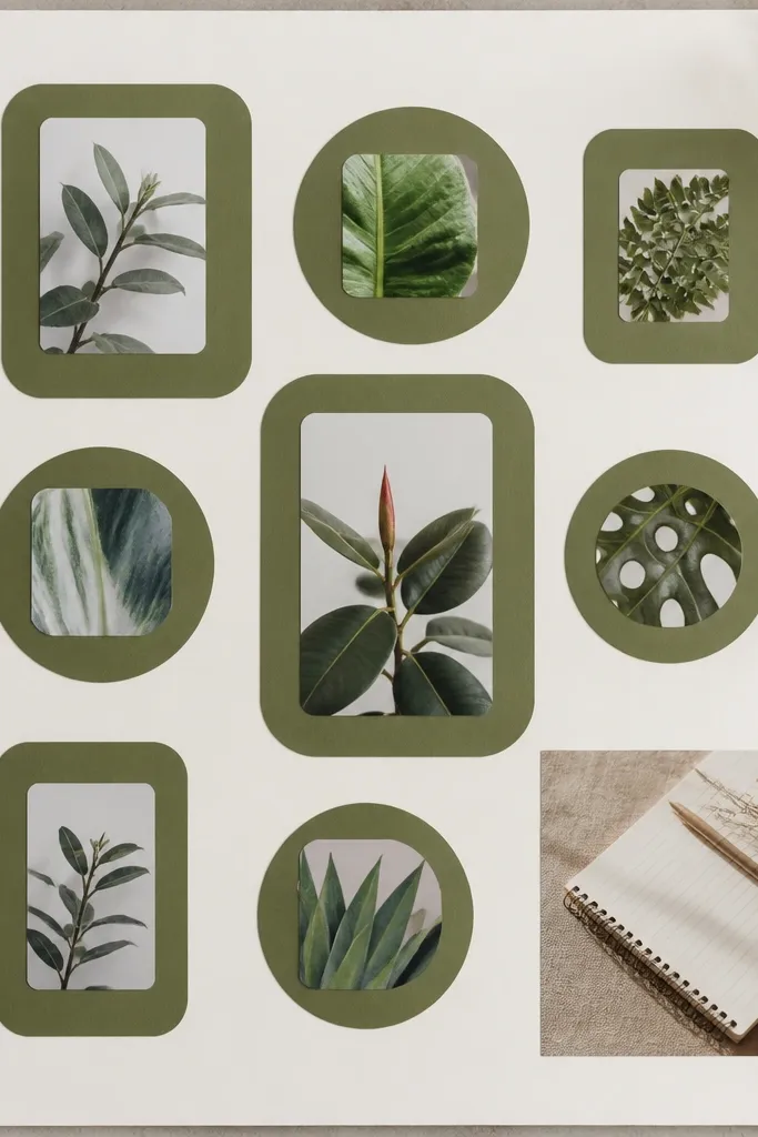 Olive green shapes around small plant photos and a journaling page