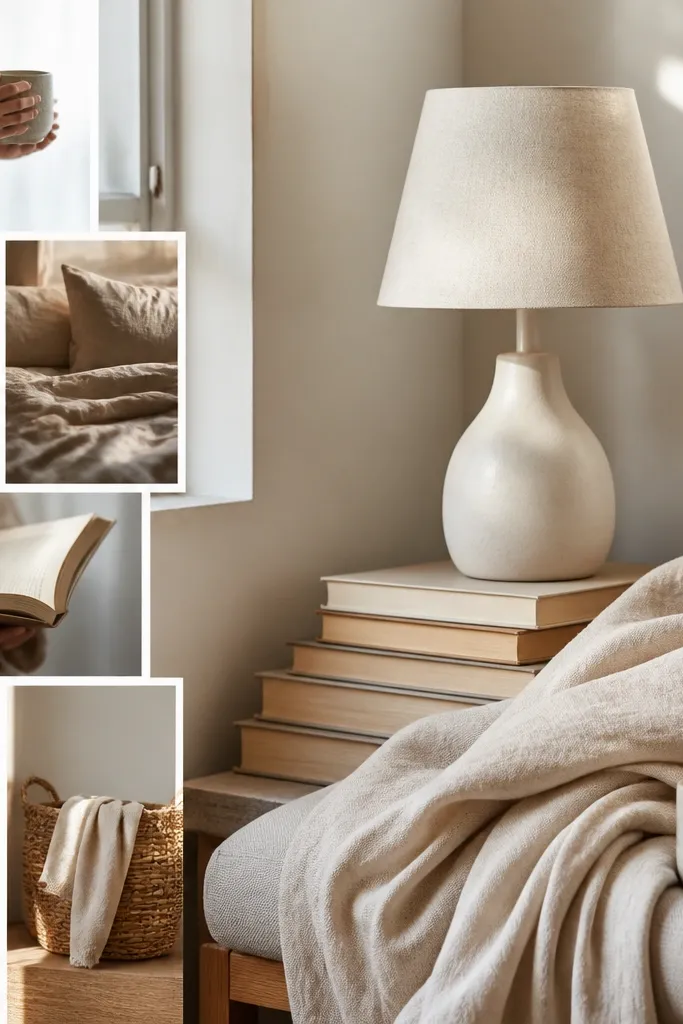 Cozy reading nook with a throw blanket, book stack, and soft lamp in neutral tones