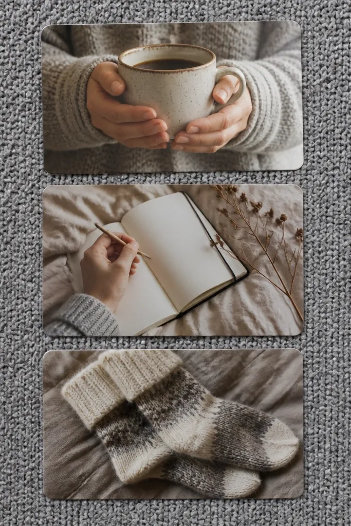 Grey knit fabric background with stacked card inserts and minimal icons