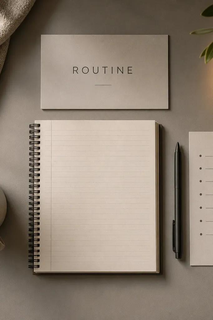 Warm gray background with a notebook page, coffee cup, and a clean centered title card